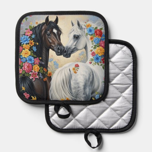  Horses framed in flowers pot holder Pannenlap (Voorkant / Achterkant)