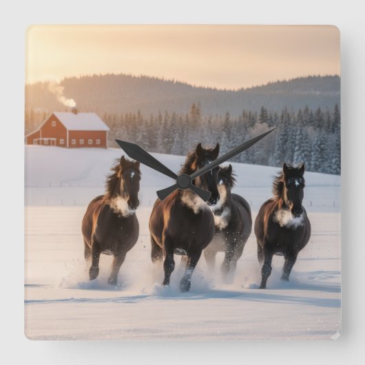 Horses galloping on a winter morning -  vierkante klok (Voorkant)