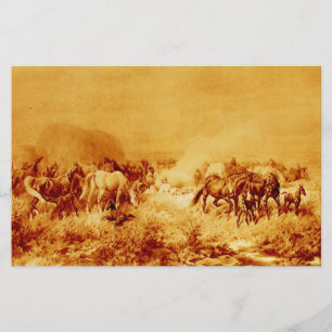 HORSES GRAZEN Antiek Oranje Geel Bruin Sepia Briefpapier