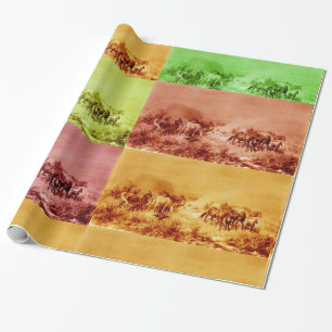 HORSES GRAZEN, Antiek rood bruin geel groen Cadeaupapier