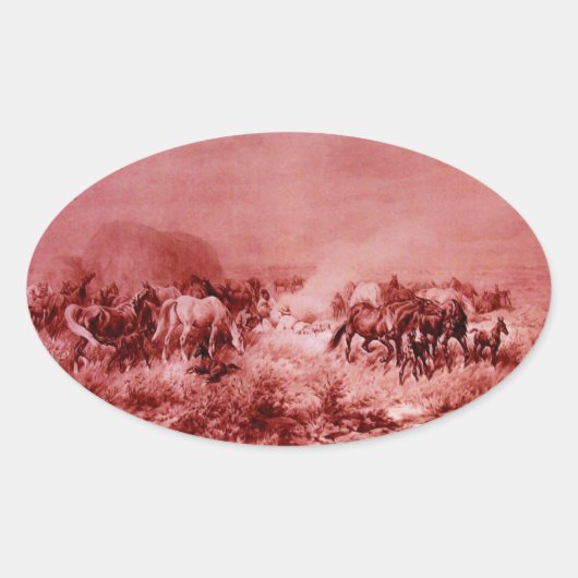 HORSES GRAZEN, Antiek rood roze ovaal Ovale Sticker (Voorkant)