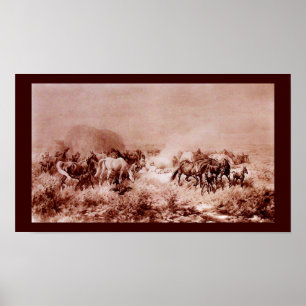 HORSES GRAZING Antiek bruin ,Sepia Poster