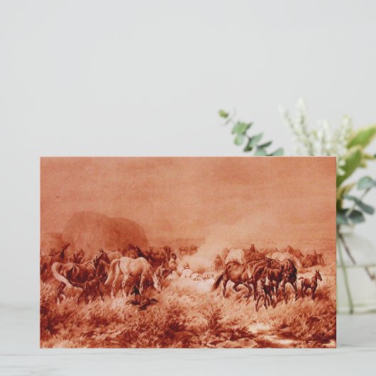 HORSES GRAZING Antiek Rood Bruin Roze Briefpapier (Staand voorkant)