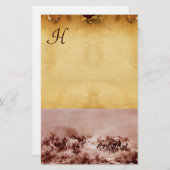HORSES GRAZING PARCHMENT MONOGRAM Brown Sepia Briefpapier (Voorkant / Achterkant)