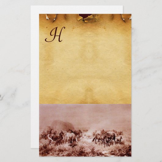 HORSES GRAZING PARCHMENT MONOGRAM Brown Sepia Briefpapier (Voorkant / Achterkant)