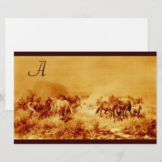 HORSES GRAZING PARCHMENT MONOGRAM brown sepia Briefpapier (Voorkant / Achterkant)