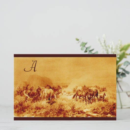 HORSES GRAZING PARCHMENT MONOGRAM brown sepia Briefpapier (Staand voorkant)
