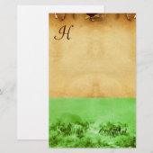 HORSES GRAZING PARCHMENT MONOGRAM Green Brown Briefpapier (Voorkant / Achterkant)