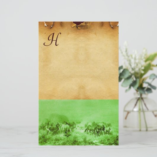 HORSES GRAZING PARCHMENT MONOGRAM Green Brown Briefpapier (Staand voorkant)