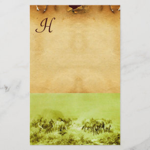 HORSES GRAZING PARCHMENT MONOGRAM Green Brown Briefpapier