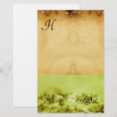 HORSES GRAZING PARCHMENT MONOGRAM Green Brown Briefpapier (Voorkant / Achterkant)