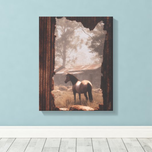 Horses in Forest Clearing Sunbeam Art Canvas Afdruk (Insitu (Houten vloer))