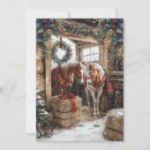 Horses Plaid Country Christmas Winter Barn Scene Feestdagenkaart (Voorkant)