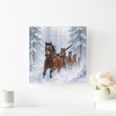 Horses Running Through a Snowy Forest Vierkante Klok (Huis)