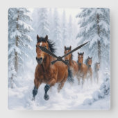 Horses Running Through a Snowy Forest Vierkante Klok (Voorkant)