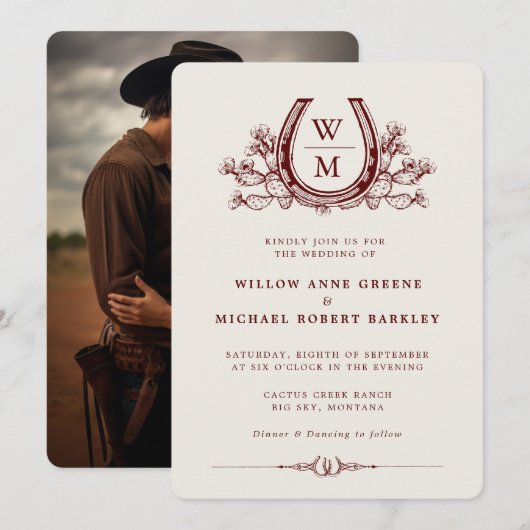 Horseshoe Cactus Western Country Boho Wedding  Kaart (Voorkant / Achterkant)