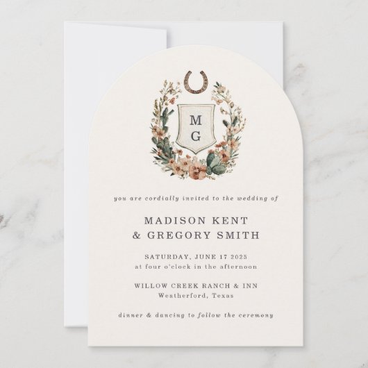 Horseshoe Cactus Western Country Crest Wedding  Kaart (Voorkant)