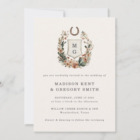 Horseshoe Cactus Western Country Crest Wedding  Kaart (Voorkant)