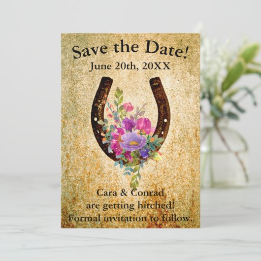 Horseshoe met waterverf bloemen Save the Date Kaart (Staand voorkant)