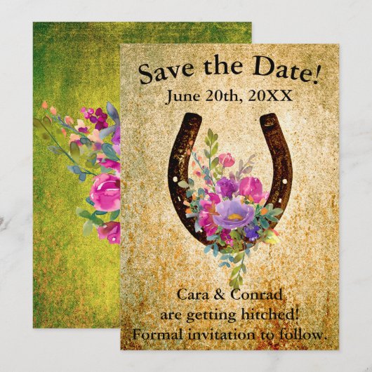 Horseshoe met waterverf bloemen Save the Date Kaart (Voorkant / Achterkant)