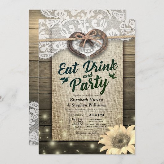 Horseshoe Zonnebloem Hout EET Drinken & Feest Huwe Kaart (Voorkant / Achterkant)