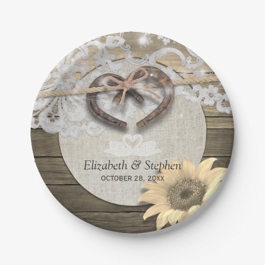 Horseshoes Jute Kant Zonnebloemen Trouw Bruiloft Papieren Bordje (Voorkant)