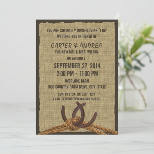 Horseshoes, Touw en Jute BBQ Bruiloftsreceptie Kaart (Staand voorkant)