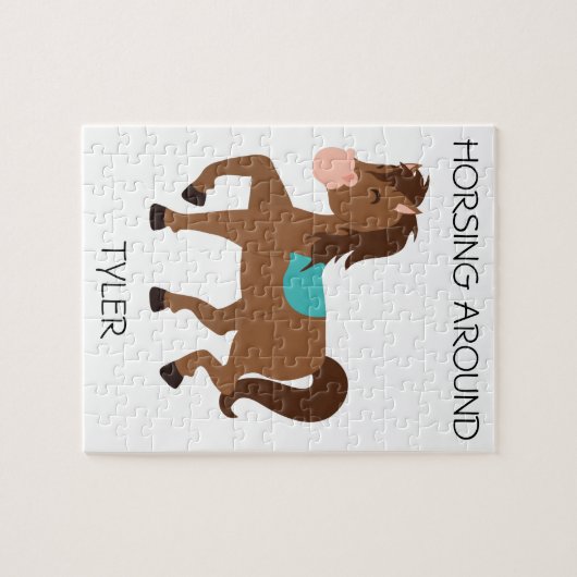 "Horsing Around" puzzel met aangepaste naam. Legpuzzel (Horizontaal)