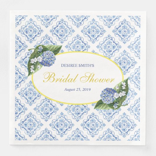 Hortensia Blauwe Tegel Bruiloftservies Servetten (Voorkant)