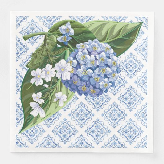 Hortensia Blauwe Tegeltjes Bruidsfeest Servetten (Voorkant)