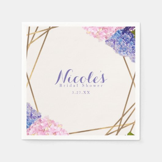Hortensia Bloemen & Gouden Elegante Lente Bruiloft Servet (Voorkant)