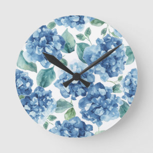 Hortensia Blues Waterverf Bloemen Bloem Patroon Ronde Klok