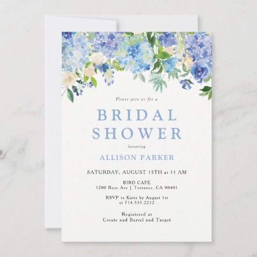 Hortensia bruidsshowersuitnodiging met blauwe wate kaart (Voorkant)
