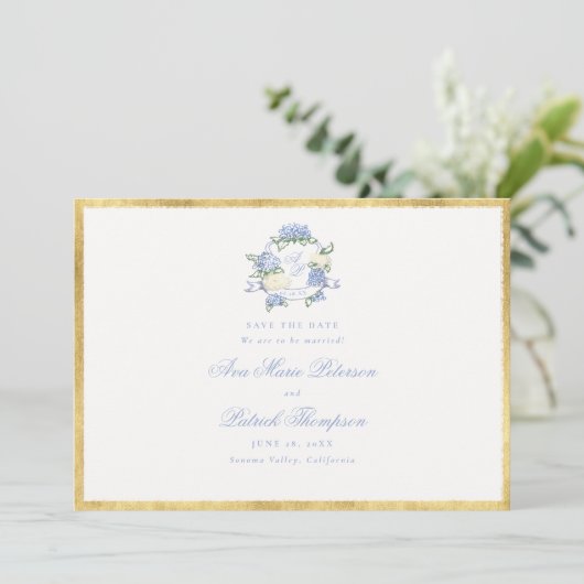 Hortensia Crest Blue Ivory Goud Frame Bruiloft Save The Date (Staand voorkant)