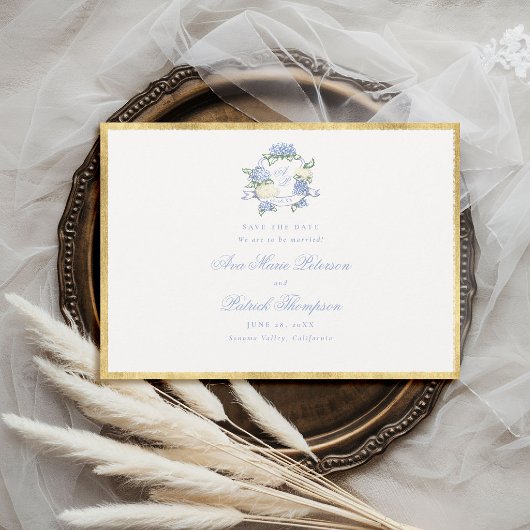 Hortensia Crest Blue Ivory Goud Frame Bruiloft Save The Date