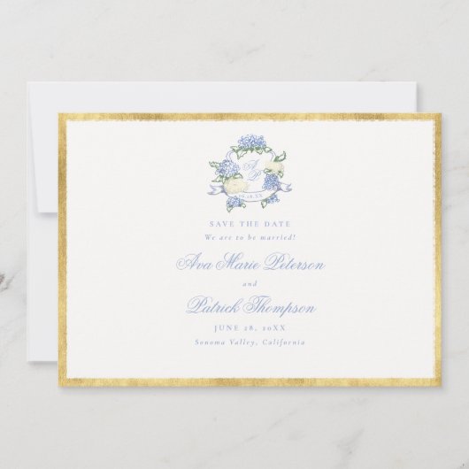 Hortensia Crest Blue Ivory Goud omlijst Trouwfeest Save The Date (Voorkant)