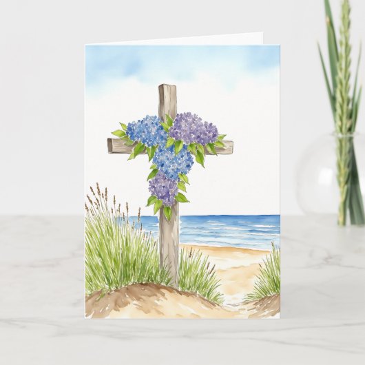 Hortensia Kruis Pasen Religieuze Aquarel Feestdagen Kaart (Voorkant)