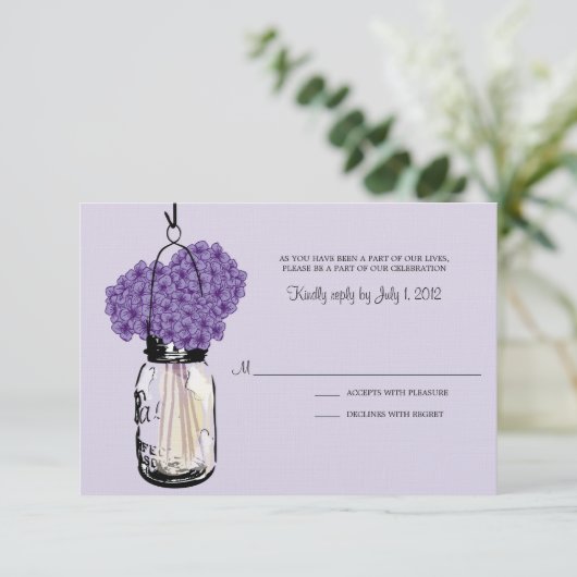 Hortensia & Mason Jar Huwelijksreactie RSVP Kaartje (Staand voorkant)