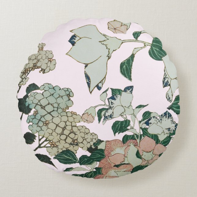  Hortensia & Rustieke Bloemen Ronde Kussen (Voorkant)