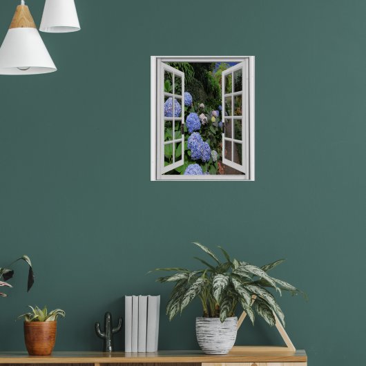 Hortensia Tuin Uitzicht Nep Raam Poster (Woonkamer 1)