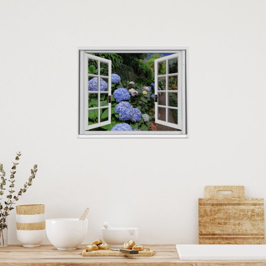 Hortensia Tuin Uitzicht Nep Raam Poster (Keuken)