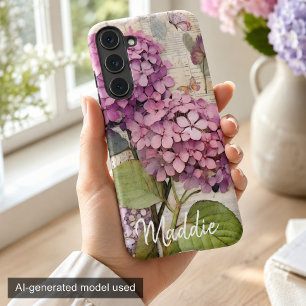 Hortensia & Vlinder Roze Persoonlijk Vintage Samsung Galaxy Hoesje
