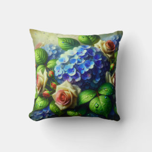 hortensia's en Rozen in de regen Kussen