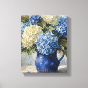 Hortensia's in een kobaltkleurige bloemenvase Stil Canvas Afdruk