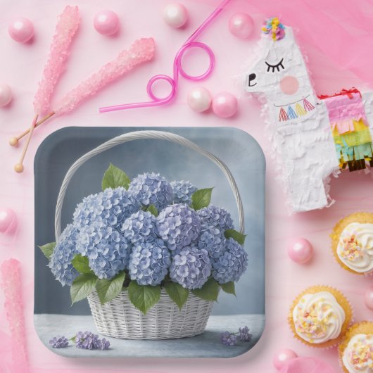 Hortensia's in rieten mand papieren bordje (Feest)