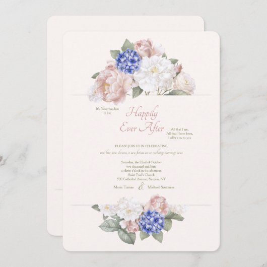 Hortensia's, pioenen en Rozen tweede bruiloft Kaart (Voorkant / Achterkant)