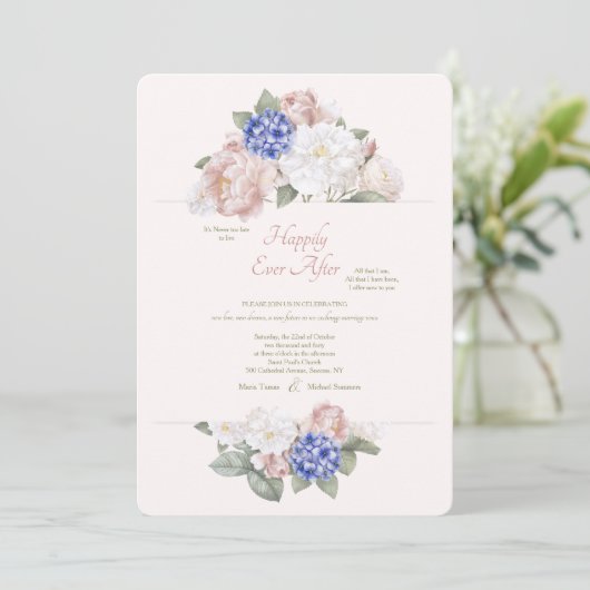 Hortensia's, pioenen en Rozen tweede bruiloft Kaart (Staand voorkant)
