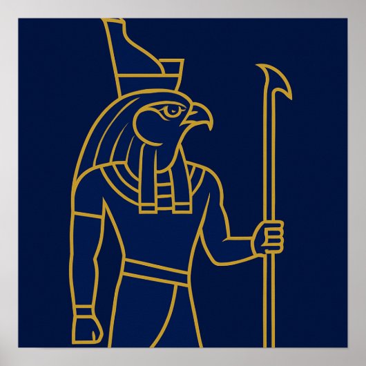 Horus Egyptian God Gold Line Art Blue Poster (Voorkant)