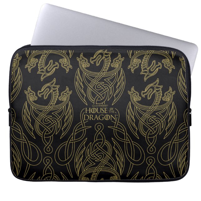 HOSE OF THE DRAGON Gold Filigree Dragon Pattern Laptop Sleeve (Voorkant)