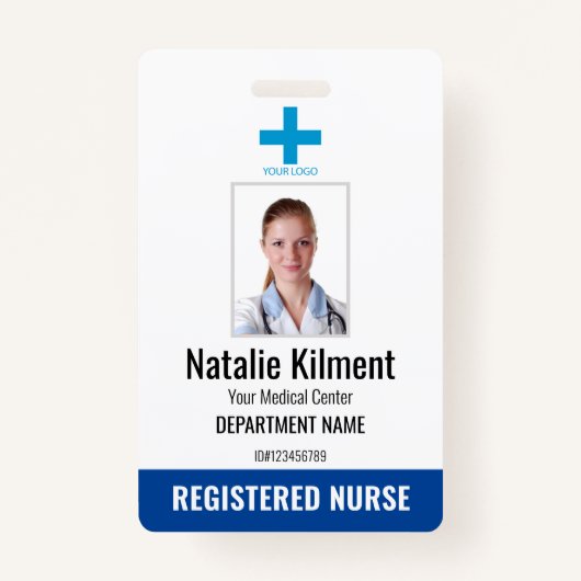 Hospital Employee Foto Name Logo Blue and White Badge (Voorkant)